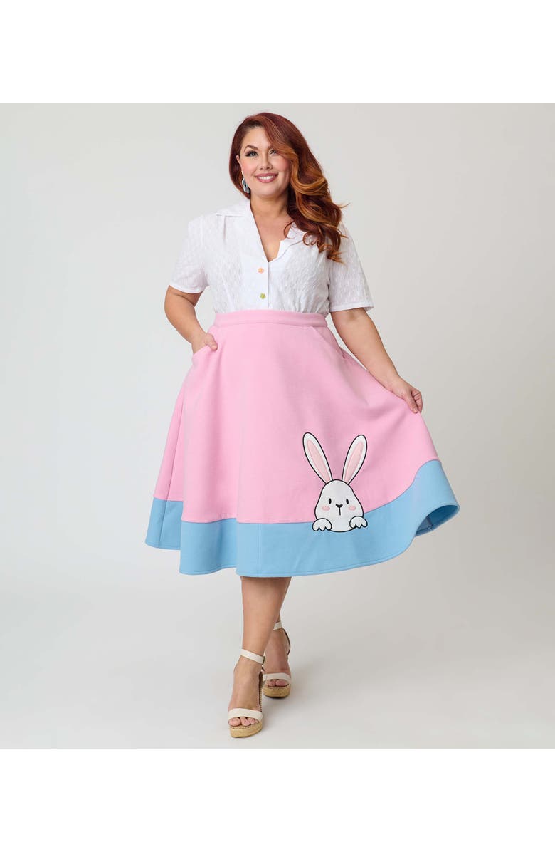Unique Vintage Plus Size High Waist Soda Shop Swing Skirt, Alternate, color, Pink W/Blue Border
