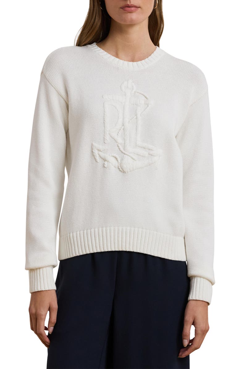 Lauren Ralph Lauren Tonal Anchor Crest Cotton Crewneck Sweater, Main, color,
