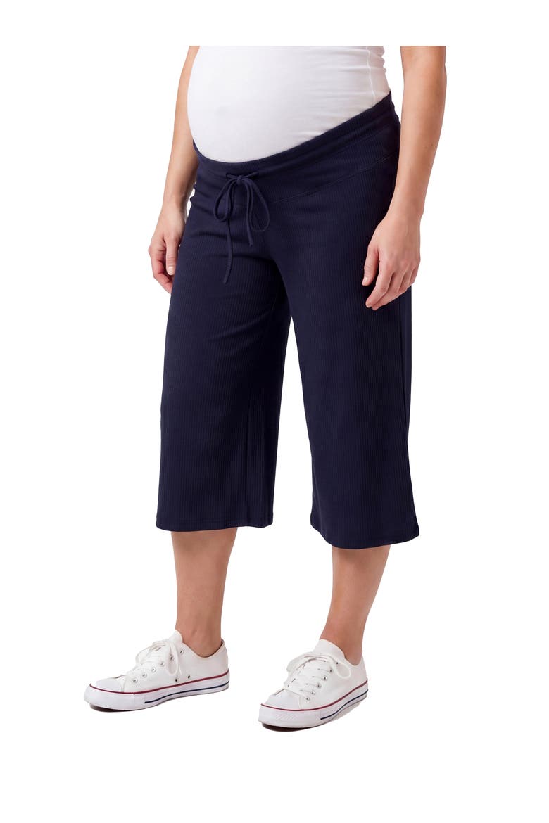 Maternity Basic Ribbed Knit Drawstring Flared Capri Pants, Alternate, color, Navy