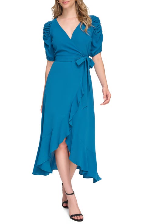 Pebble Puff Sleeve Crepe Faux Wrap Dress