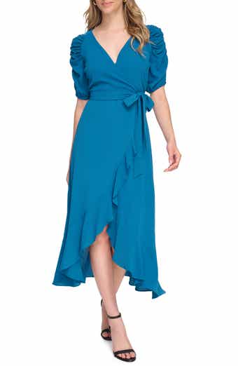Kensie Pebble Puff Sleeve Crepe Faux Wrap Dress