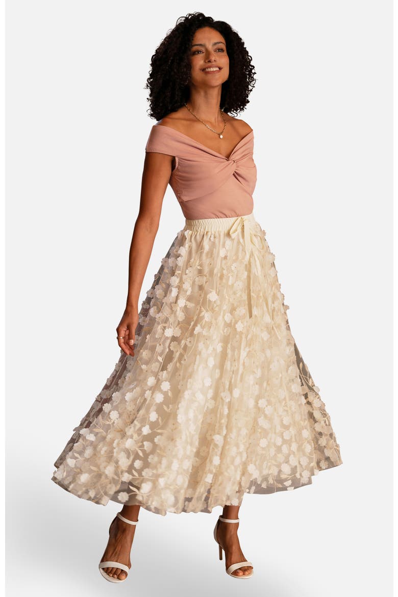 Mesh Floral Applique Midi Skirt, Alternate, color, Ivory