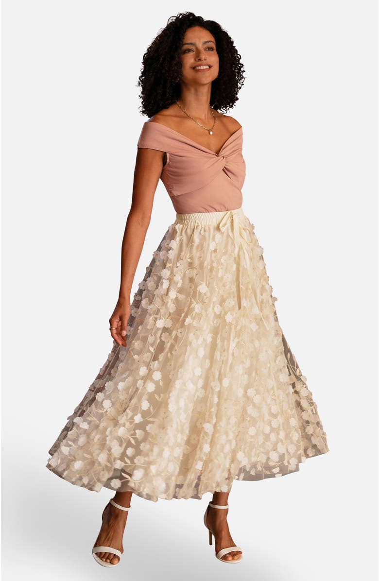 Yumi Mesh Floral Applique Midi Skirt, Alternate, color, Ivory