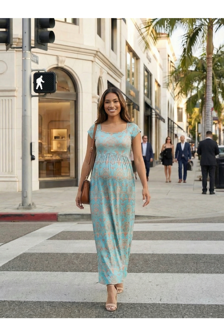 Maternity Abstract Square Neck Cap Sleeve Pleated A-Line Maxi Dress, Alternate, color, Blue Multi