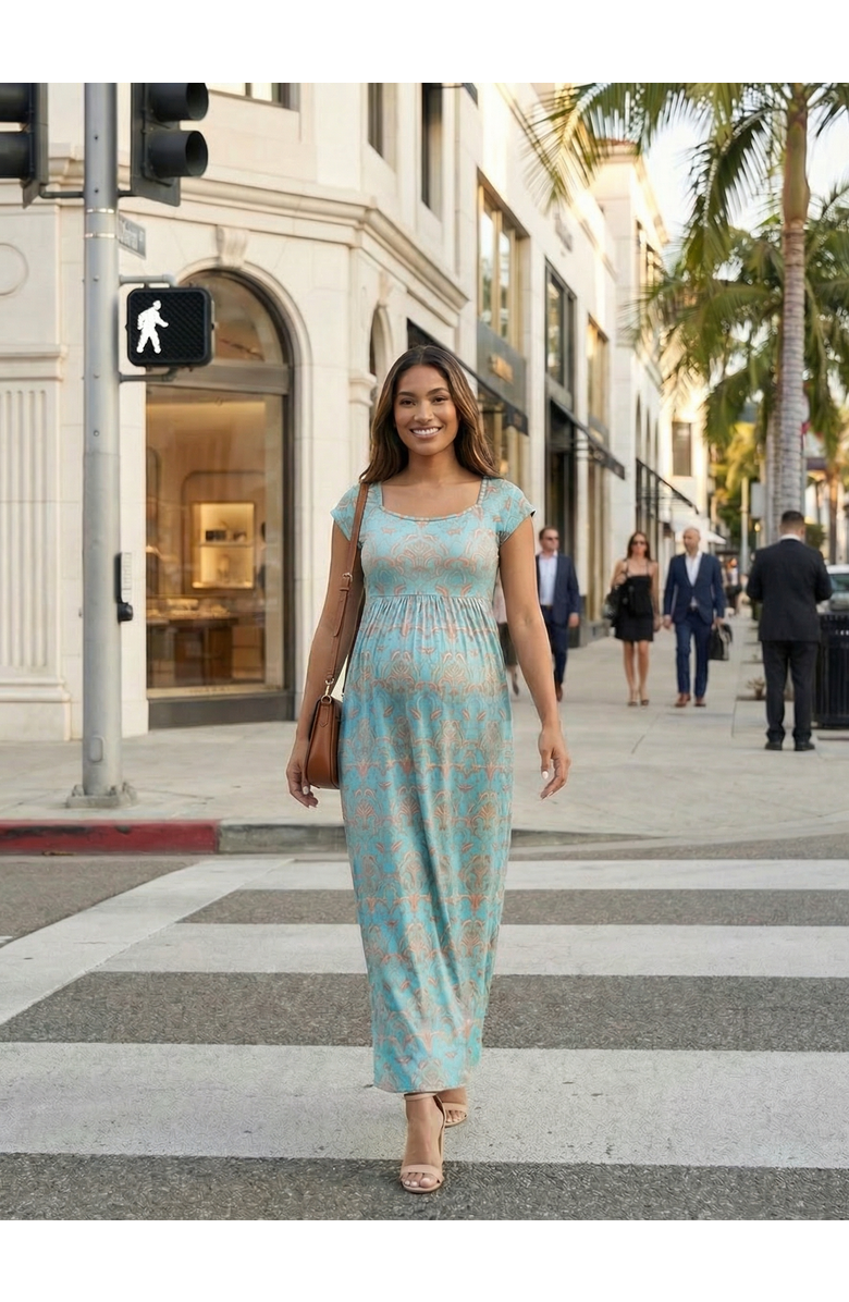 24seven Comfort Apparel Maternity Abstract Square Neck Cap Sleeve Pleated A-Line Maxi Dress, Alternate, color, Blue Multi