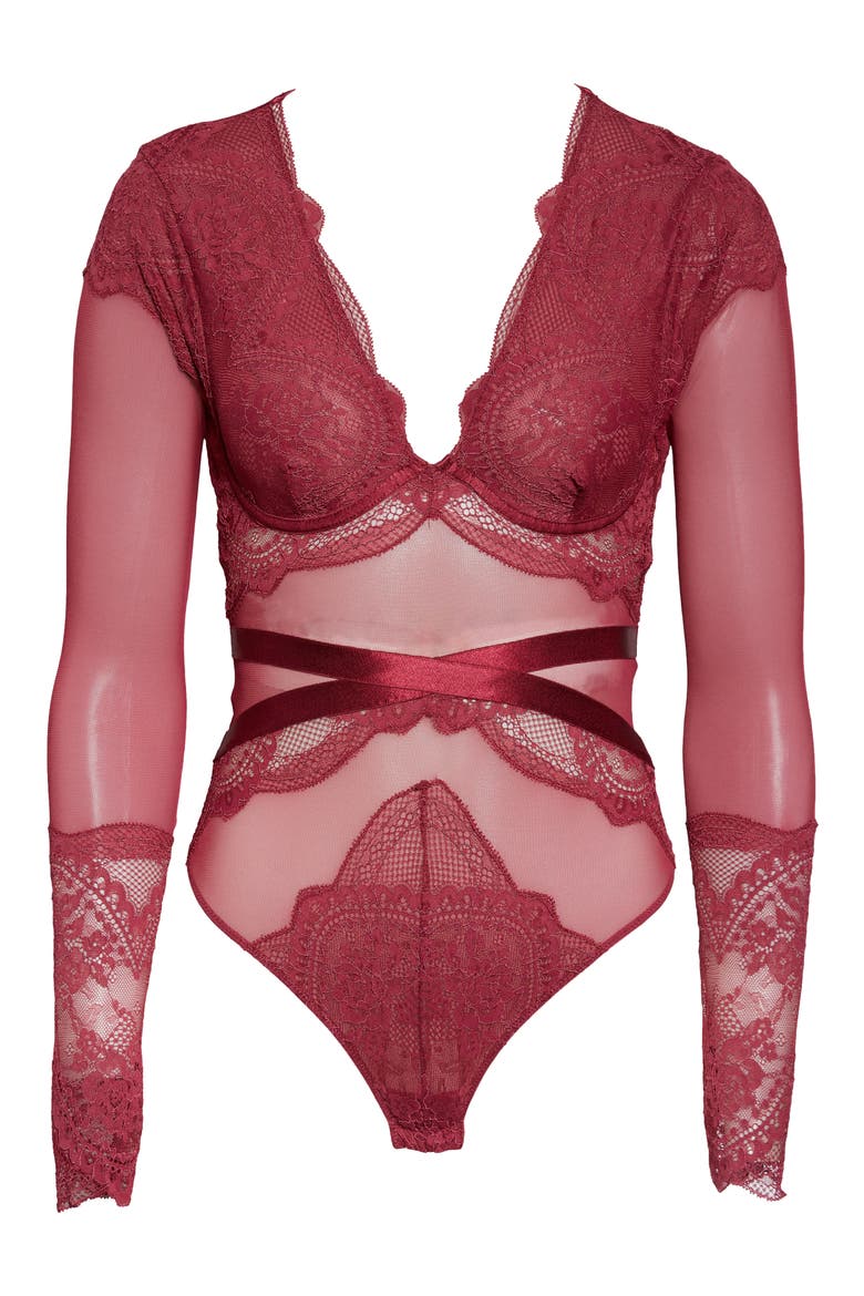 Lana Long Sleeve Lace & Mesh Bodysuit, Alternate, color, RHODODENDRON
