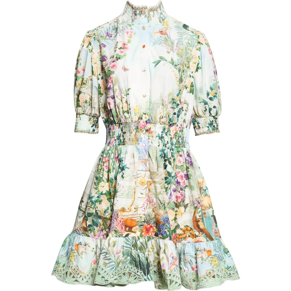 Camilla Shirred Organic Cotton Minidress In Multi