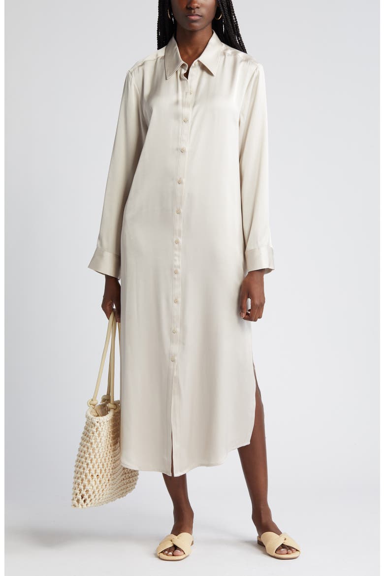 Long Sleeve Satin Midi Shirtdress, Alternate, color, BEIGE PUMICE