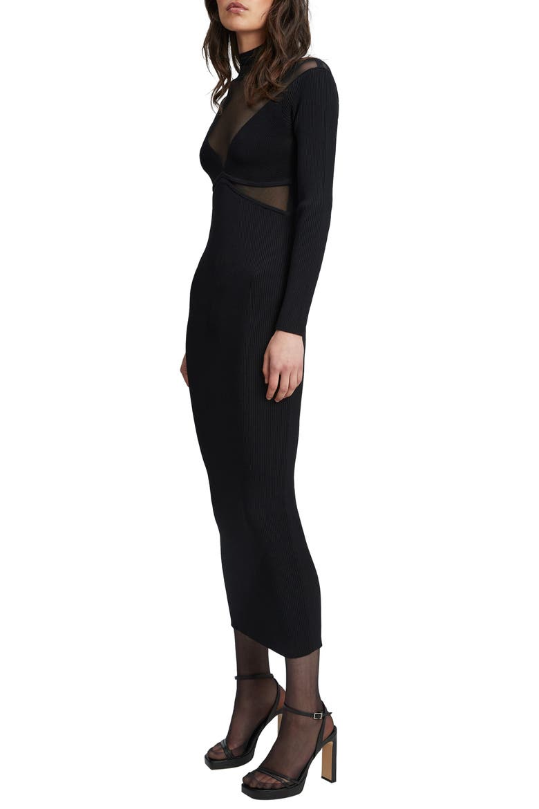 Mesh Inset Long Sleeve Ribbed Body-Con Dress, Alternate, color, BLACK