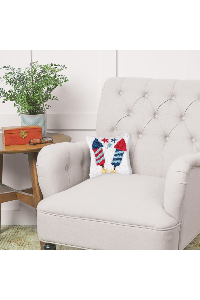 Patriotic Stars & Rocket Fireworks Hooked Mini Accent Pillow, 8" x 8", Alternate, color, White