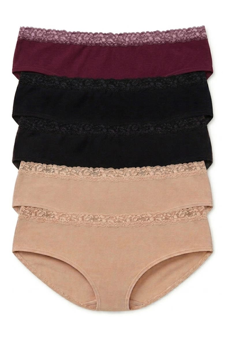 Finishing Touch 5-Pack Lace Trim Hipster Panties, Main, color, BLACK/ BLACK/ CAF/ CAF/ FIG