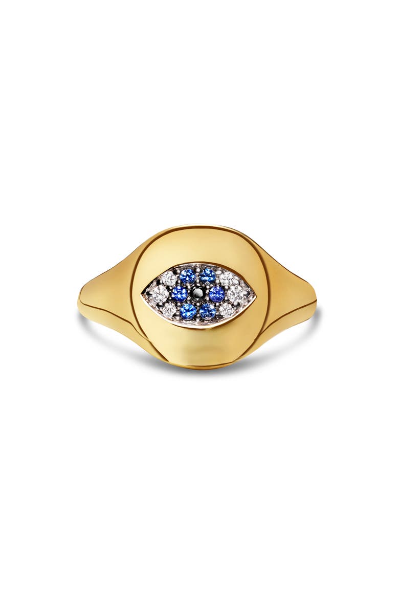 Cable Collectibles Evil Eye Mini Pinky Ring in 18K Gold with Diamonds, Alternate, color, LIGHT BLUE SAPPHIRE