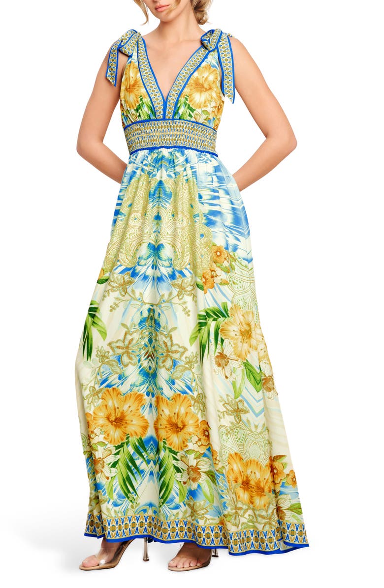 FLYING TOMATO Tie Strap Empire Waist Maxi Dress, Alternate, color, Blue Multi