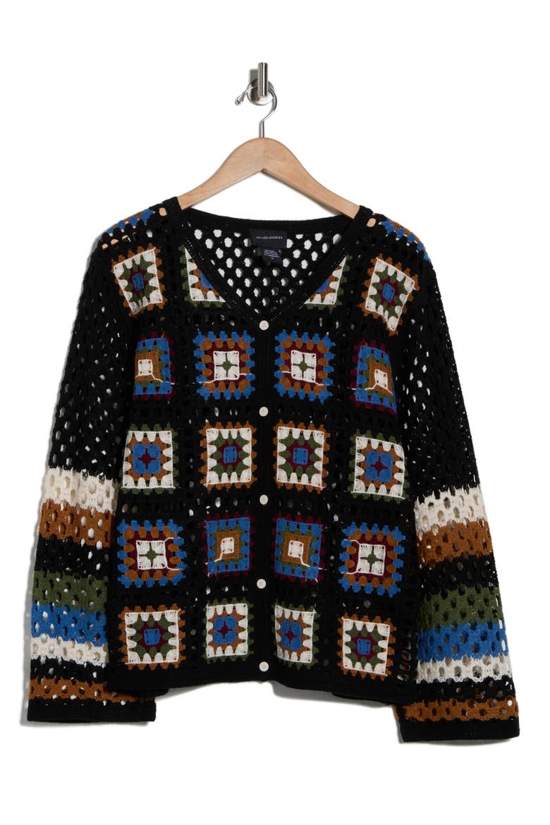 Crochet Square Cardigan, Alternate, color, BLACK/ CREAM/ BLUE