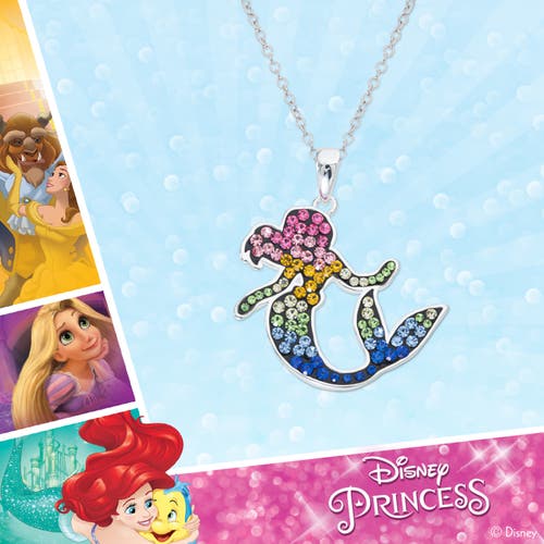 Disney The Little Mermaid Ariel Rainbow Crystal Silver Flash Plated Pendant Necklace, 18" In Metallic
