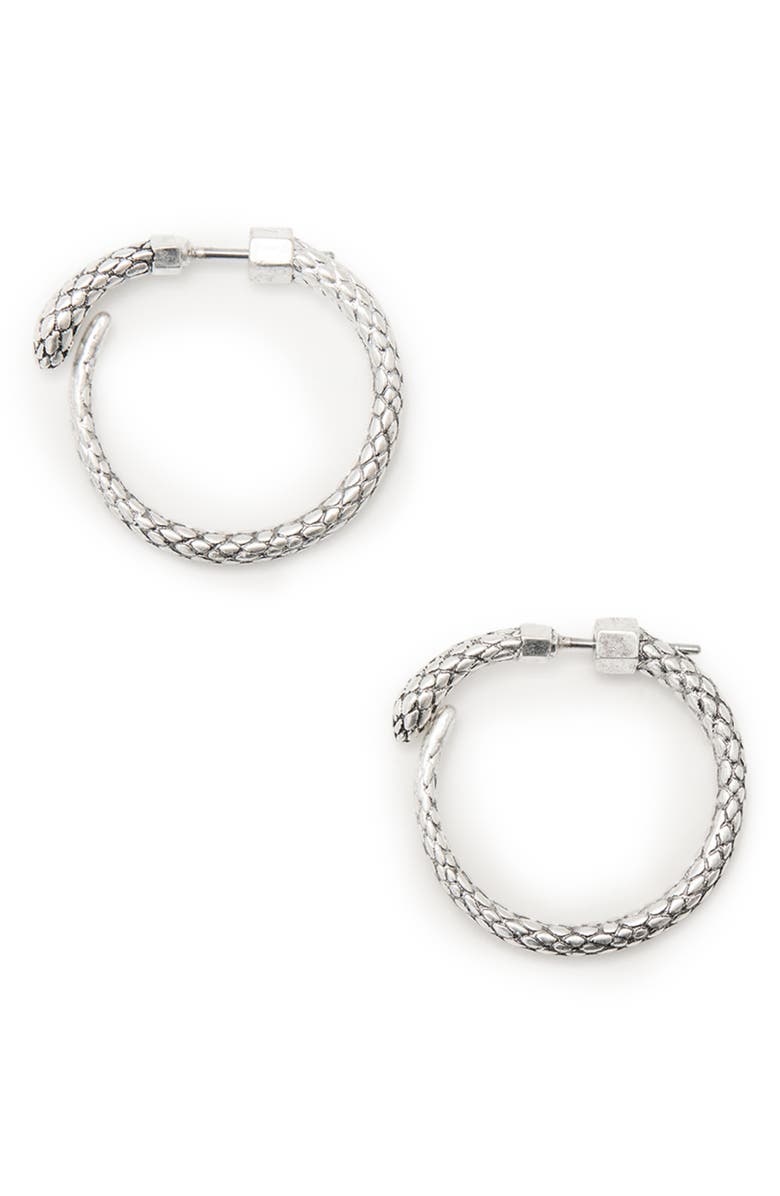 AllSaints Serpent Hoop Earrings, Main, color, Warm Silver