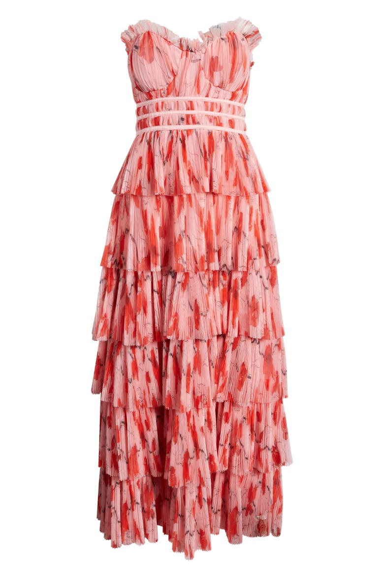 Monaco Strapless Ruffle Tiered Plissé Gown, Alternate, color, BLUSH RED POPPIES TULLE