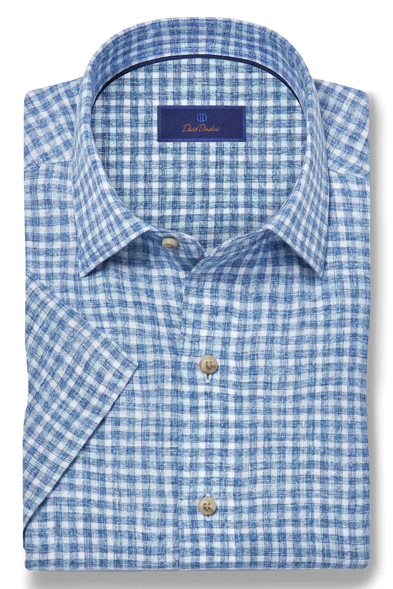 Check Linen Short Sleeve Button-Up Shirt, Alternate, color, NAVY/ SKY