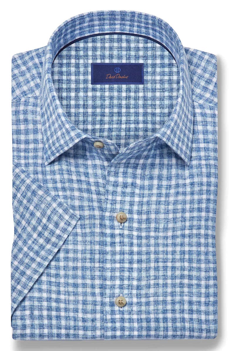 David Donahue Check Linen Short Sleeve Button-Up Shirt, Alternate, color, Navy/ Sky