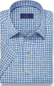 David Donahue Check Linen Short Sleeve Button-Up Shirt