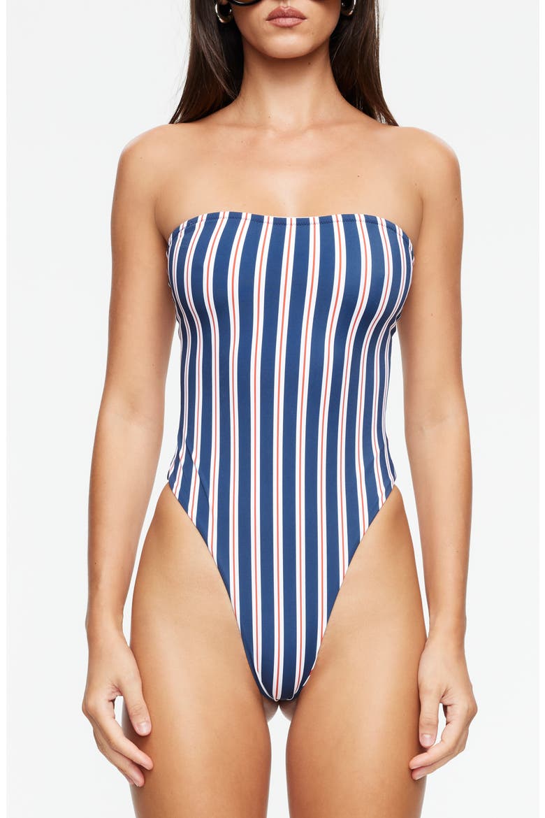 Gigi Strapless One-Piece Swimsuit, Main, color, NAVY STRIPE
