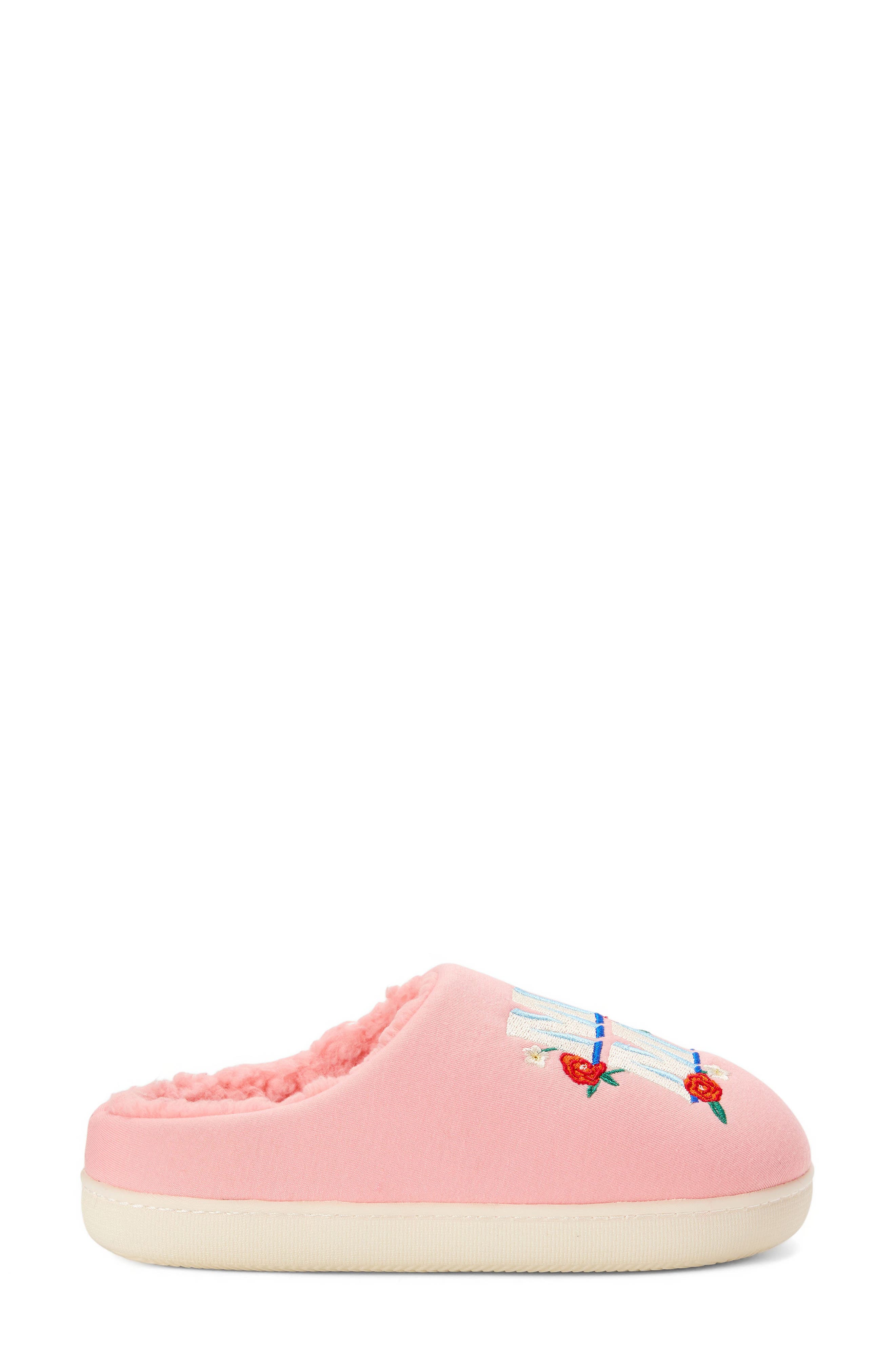 DEARFOAMS 'Mama' Embroidered Faux Fur Lined Slipper, Alternate, color, Coral Cream