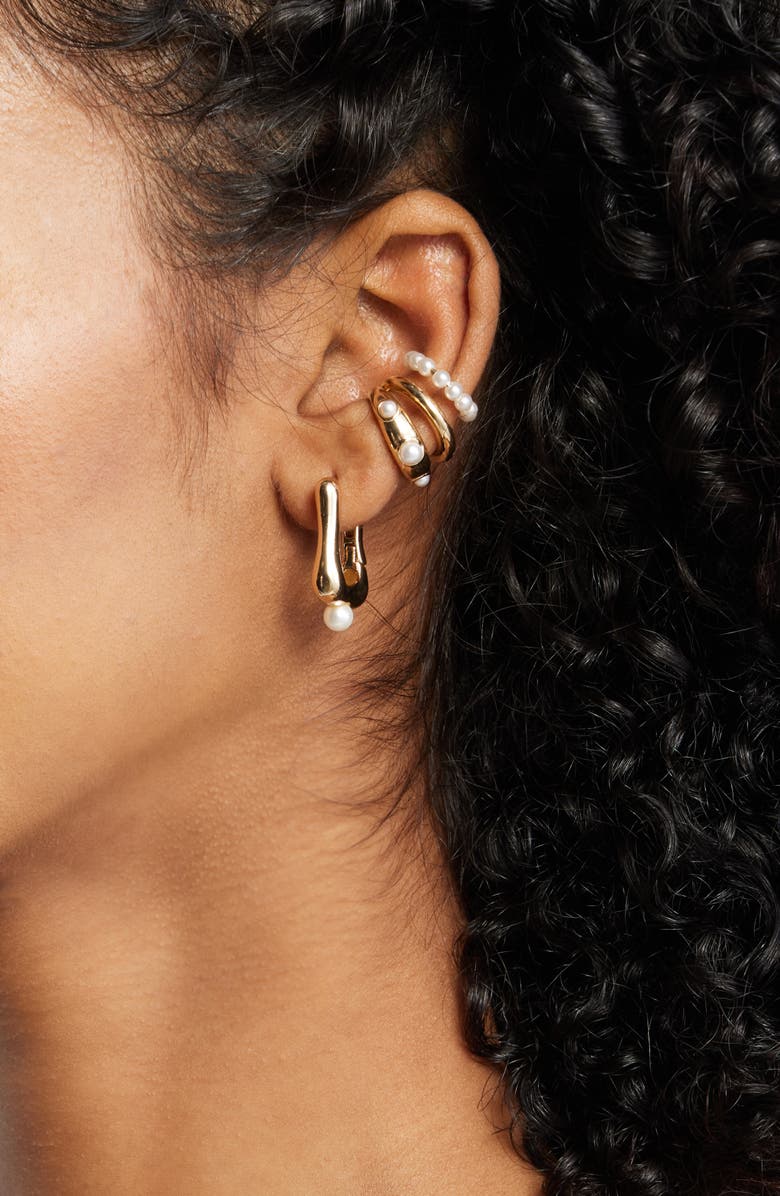 Open Edit Set of 4 Cultured Pearl Ear Cuffs & Hoop Earrings, Alternate, color, White- Gold