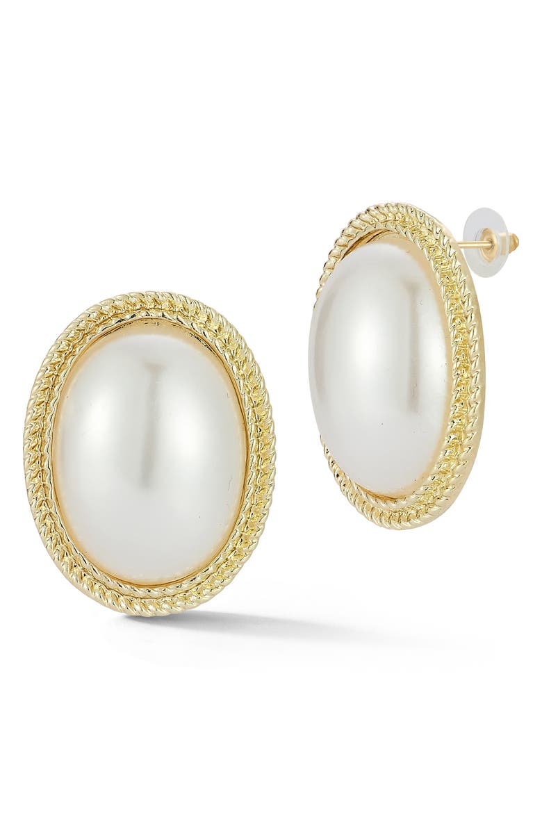 SPHERA MILANO Faux Pearl Oval Stud Earrings, Main, color, Gold