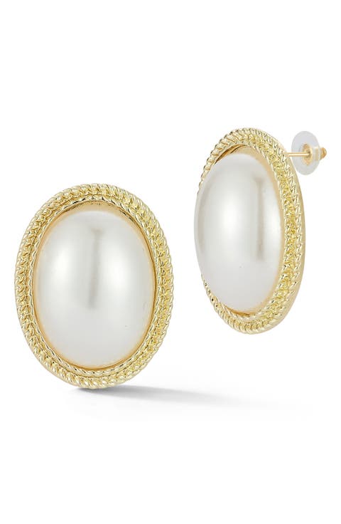Faux Pearl Oval Stud Earrings