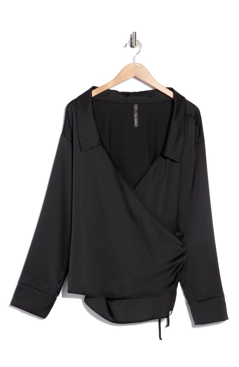 Renee C Faux Wrap Satin Top, Main, color, Black