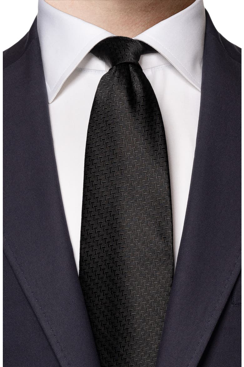 Black Herringbone Silk Tie, Alternate, color, BLACK