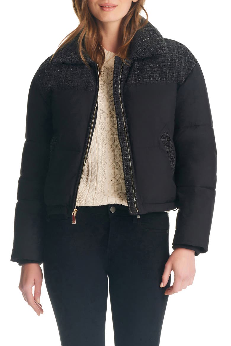crop tweed mix media puffer jacket, Main, color, BLACK