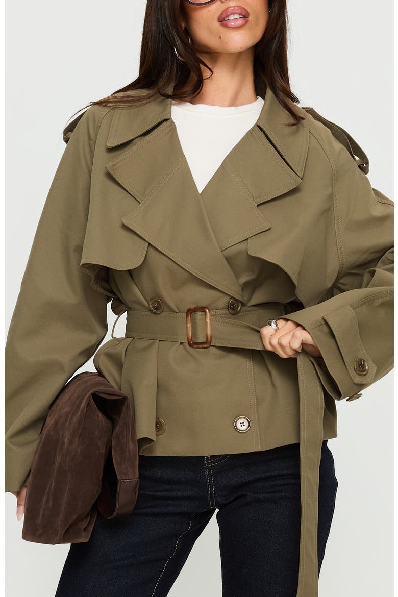 Eldora Double Breasted Belted Crop Trench Coat, Main, color, GREEN