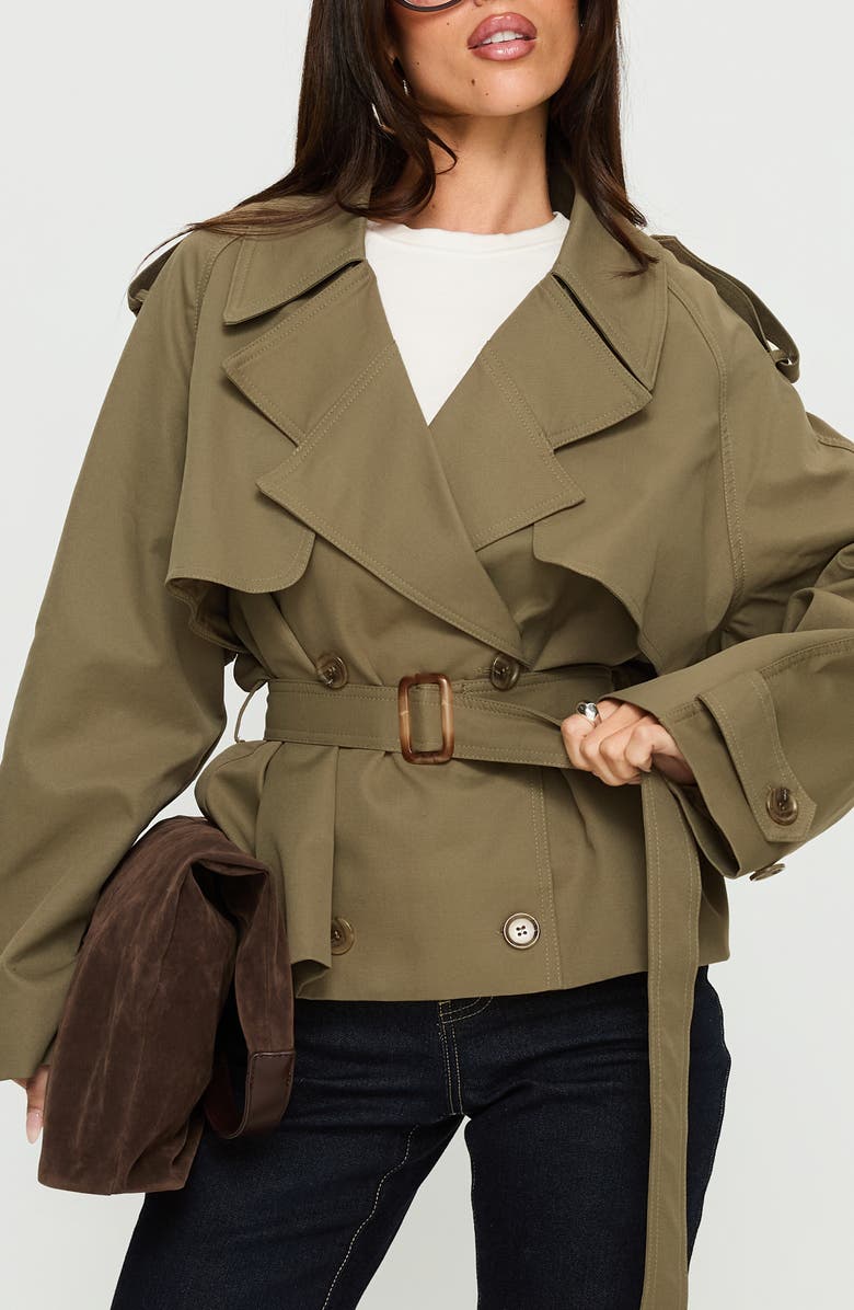 Princess Polly Eldora Double Breasted Belted Crop Trench Coat, Main, color, Green