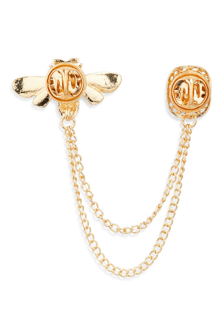 Men's Embellished Bee & Jewel Chained Lapel Pin, Alternate, color, GOLD