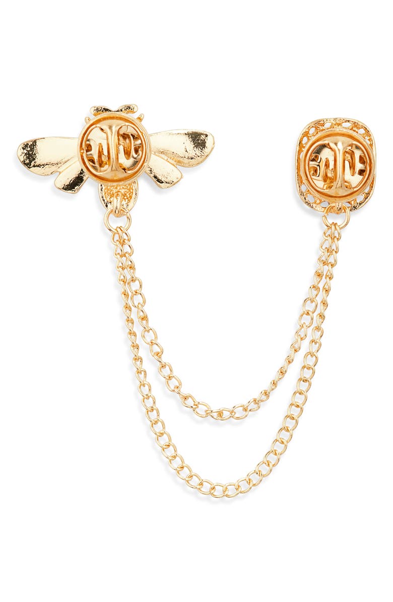 CLIFTON WILSON Men's Embellished Bee & Jewel Chained Lapel Pin, Alternate, color, Gold