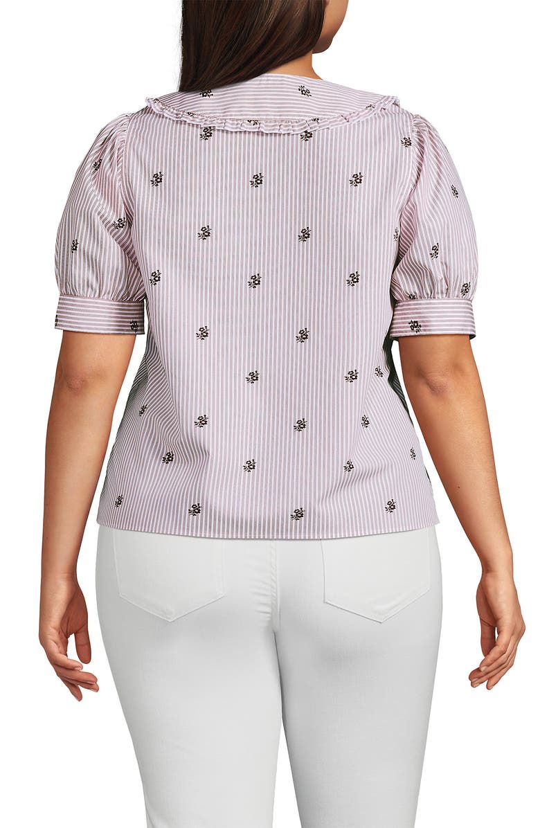 Lands' End Plus Size Carefree Cotton Puff Sleeve Statement Collar Shirt, Alternate, color, White/Brown Floral Stripe