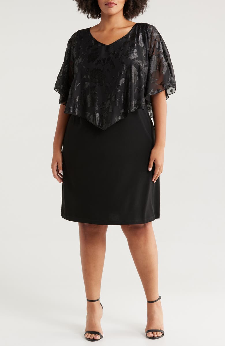 Connected Apparel Floral Jacquard Cape Overlay Cocktail Dress, Main, color, Black