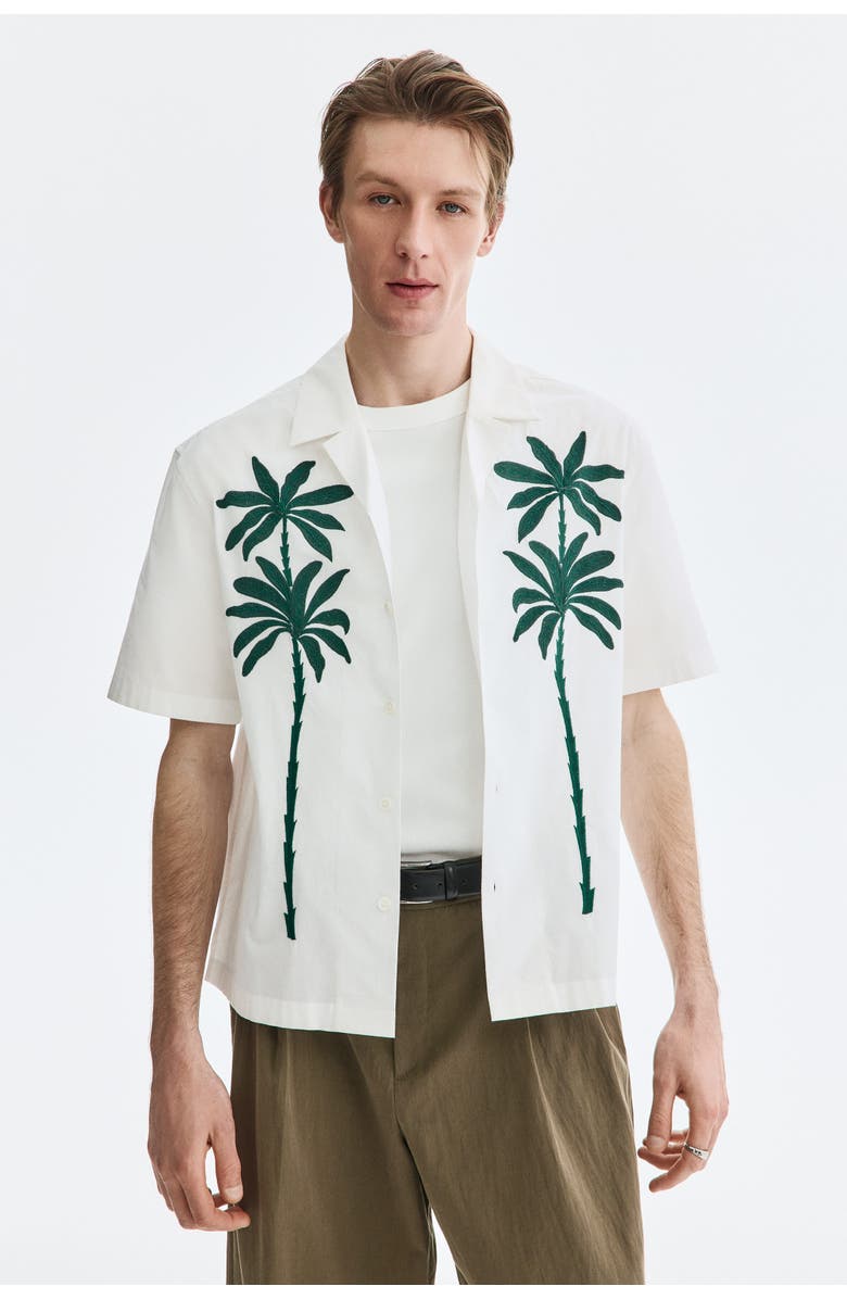H&M Relaxed Fit Embroidered-motif Resort Shirt, Alternate, color, White/Palm Trees