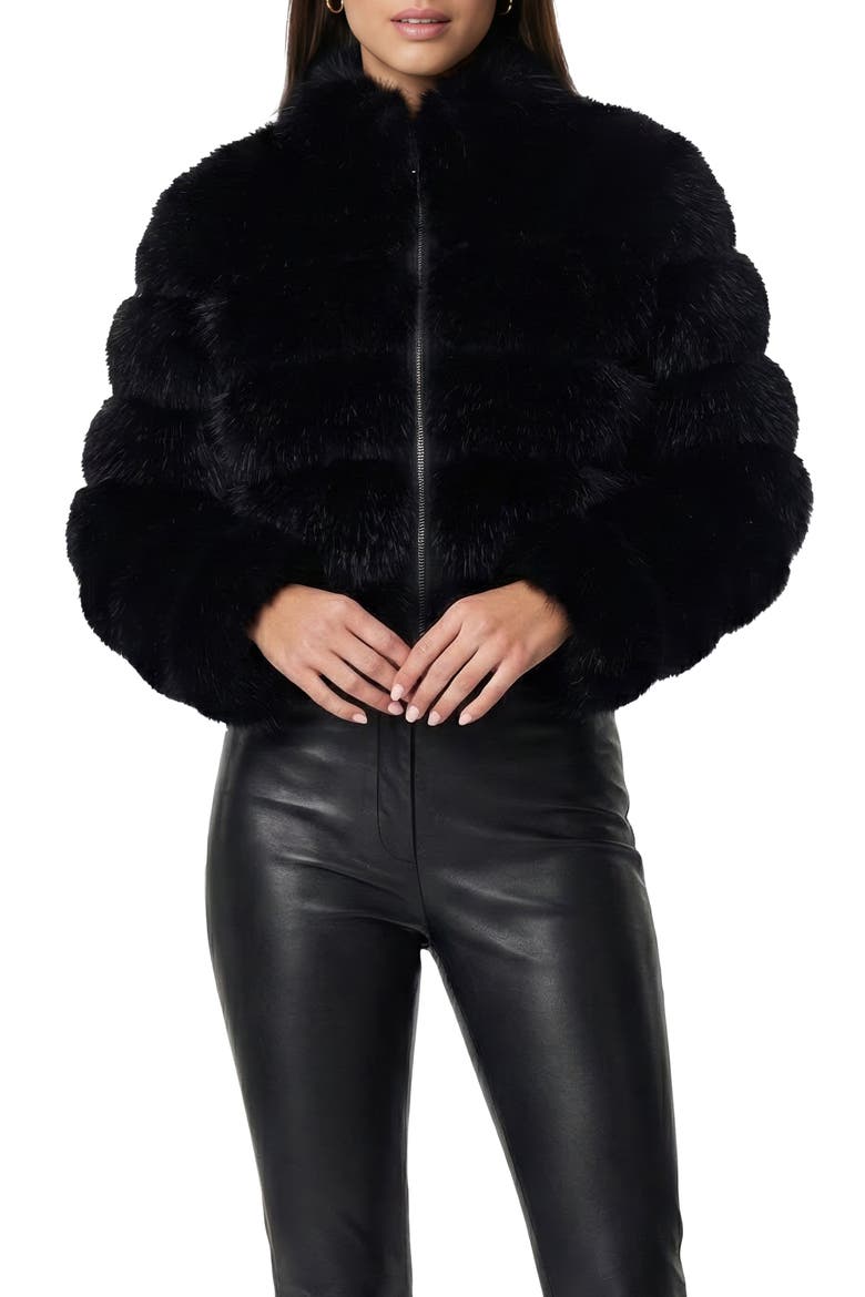 Fur-Free Fox (Faux Fur) Horizontal Zip Short Jacket, Alternate, color, BLACK