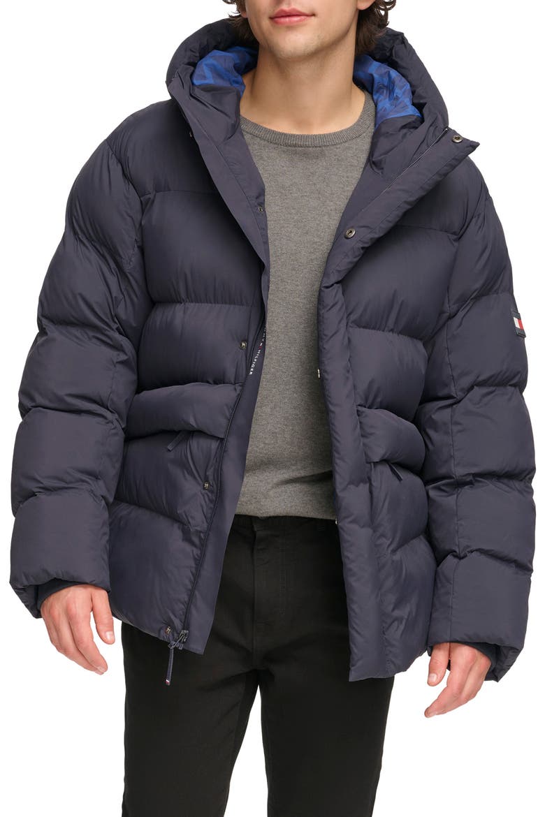Hooded Long Puffer Jacket, Main, color, NAVY