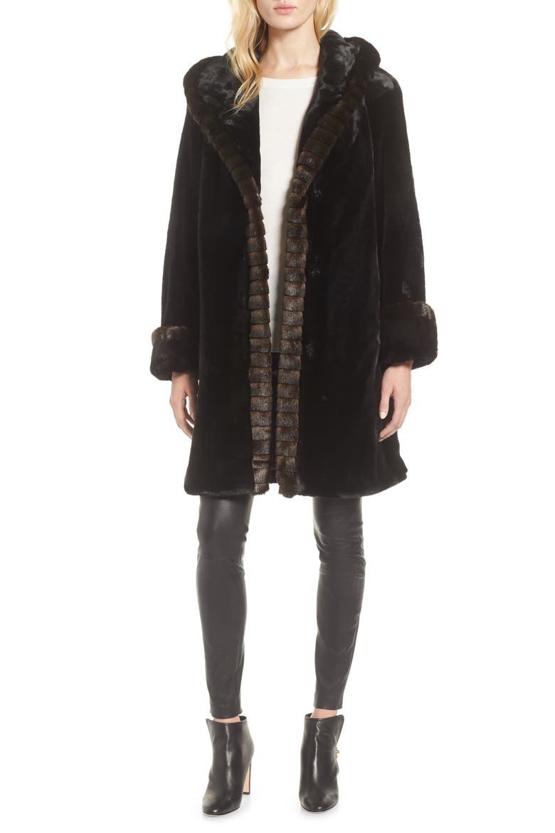 Hooded Faux Fur Walking Coat, Main, color, BLACK
