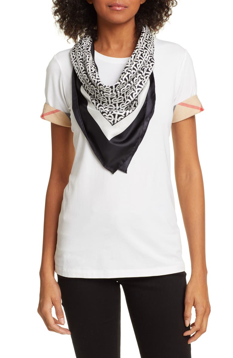 Burberry Monogrammed Square Silk Scarf, Alternate, color,