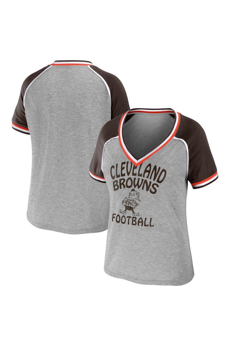 Women's WEAR by Erin Andrews Heather Gray Cleveland Browns Cropped Raglan Throwback V-Neck T-Shirt, Main, color, Heather Gray