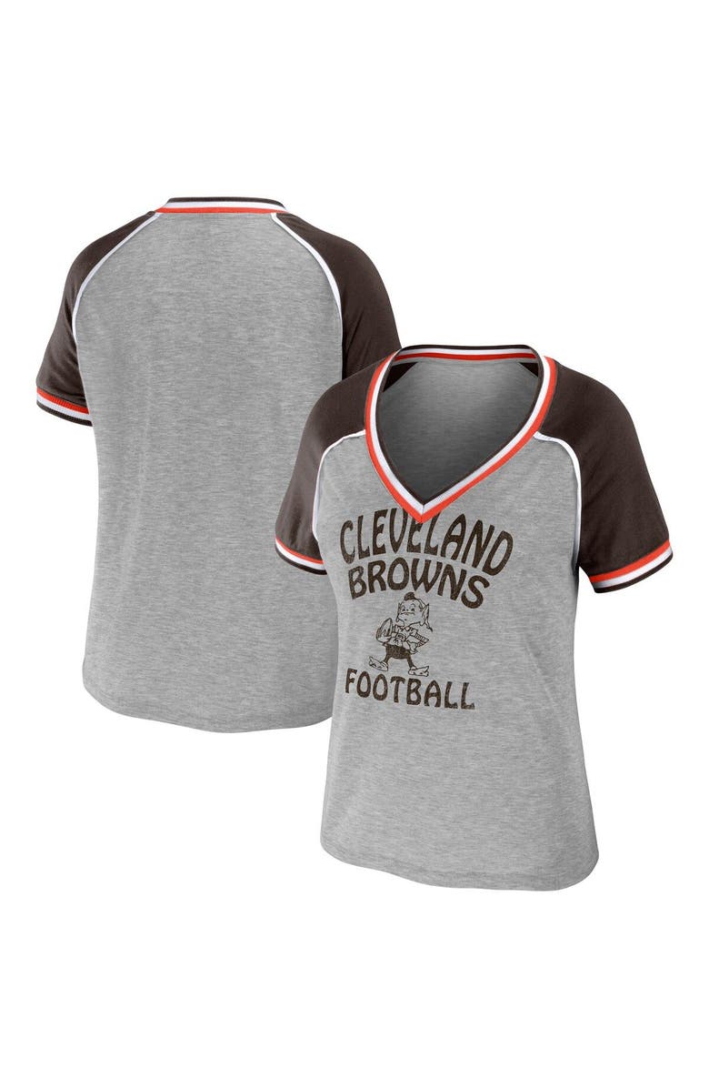 WEAR by Erin Andrews Women's WEAR by Erin Andrews Heather Gray Cleveland Browns Cropped Raglan Throwback V-Neck T-Shirt, Main, color, Heather Gray