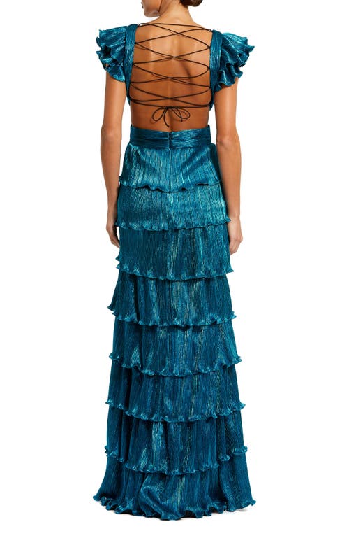 Mac Duggal Ruffle Tiered Criss Cross Lace Up Gown In Blue