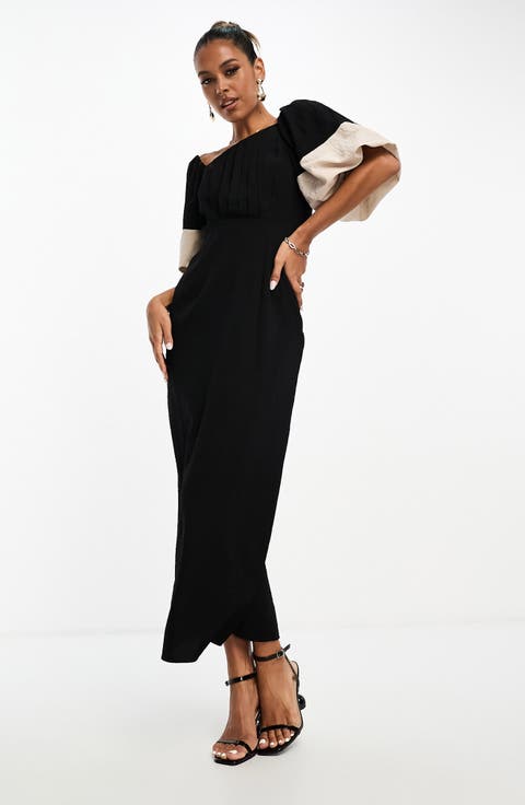 Contrast Sleeve Asymmetric Neckline Midi Dress