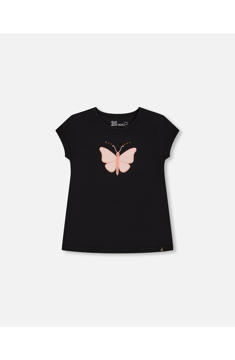 Deux par Deux Girl's Organic Cotton Top With Applique Black And Pink Butterfly, Main, color,