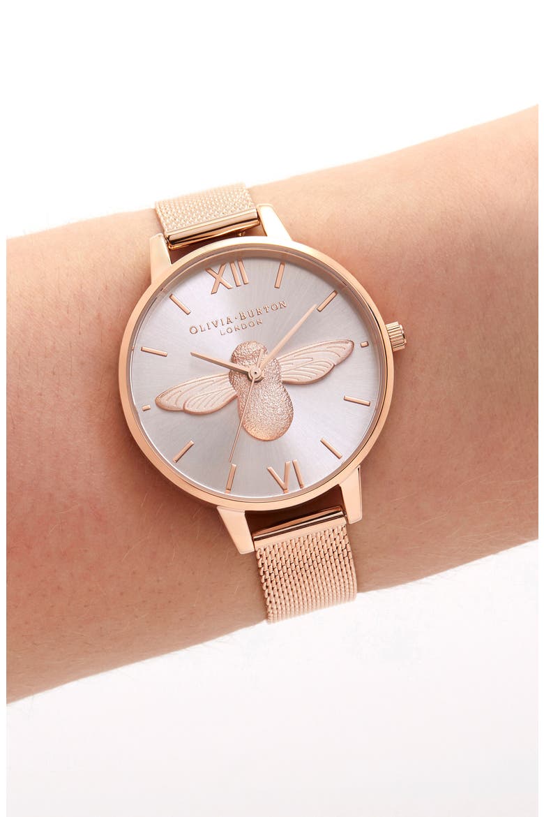 3D Bee Mesh Strap Watch, 34mm, Alternate, color, ROSE GOLD/SUNRAY/ ROSE GOLD