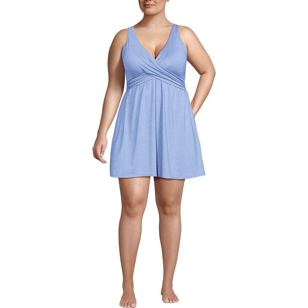 Lands' End Slendersuit V-neck Wrap Swim Dress One Piece Swimsuit Adjustable Straps In Soft Cloud Blue Shine
